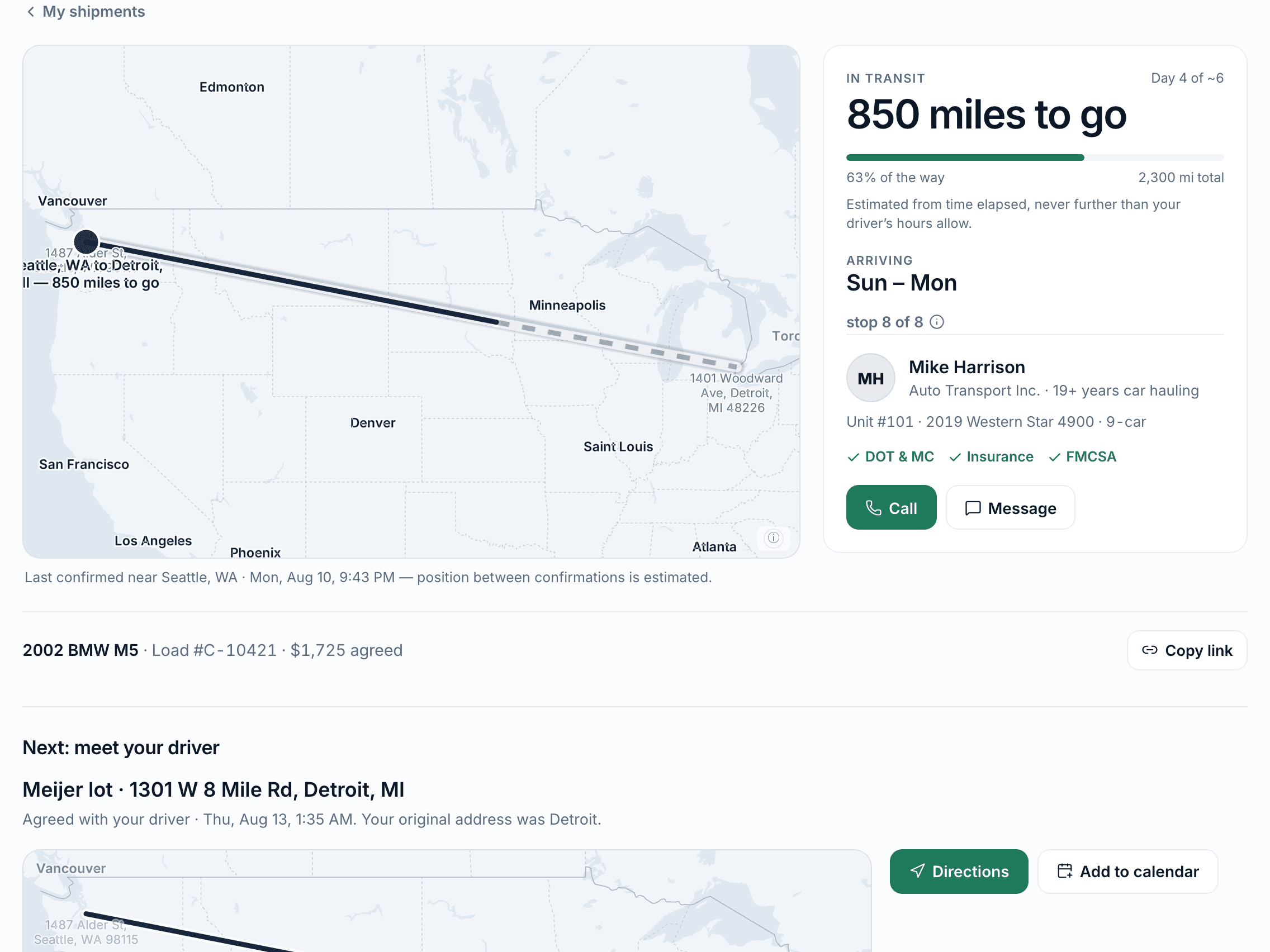 The Carmossa tracking screen for a booked shipment